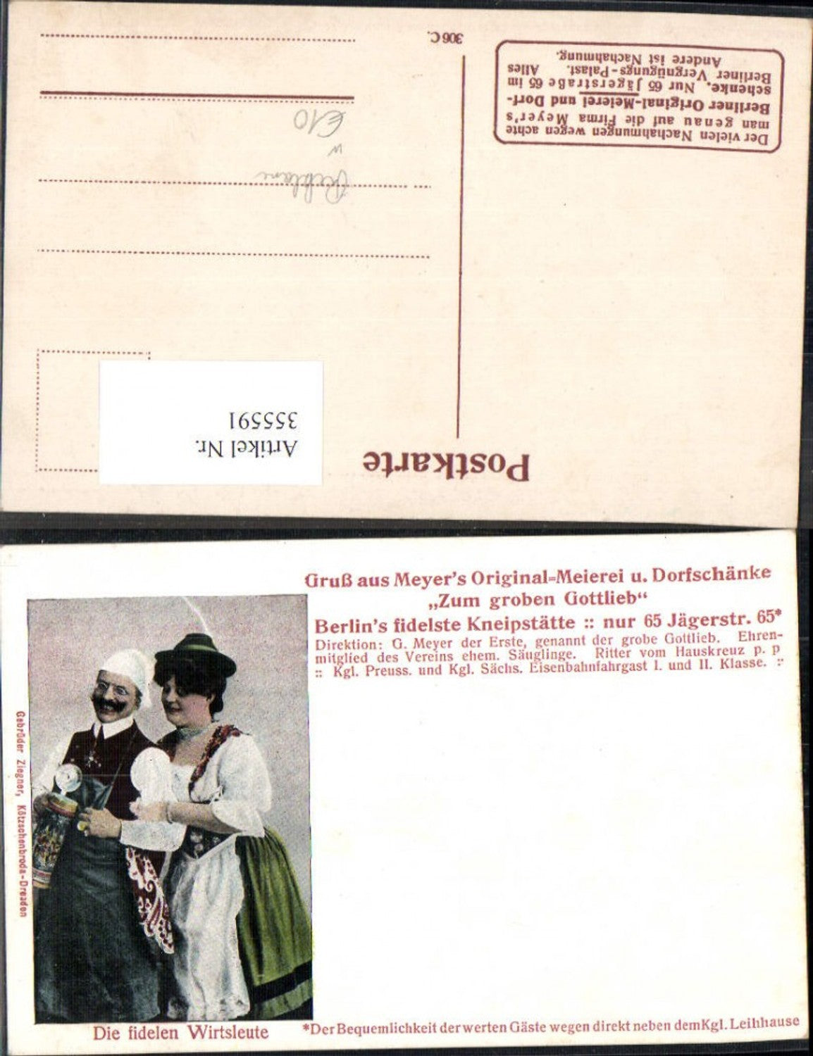 355591,Reklame Meyers Zum groben Gottlieb Original-Meierei u. Dorfschänke Bier Berlin