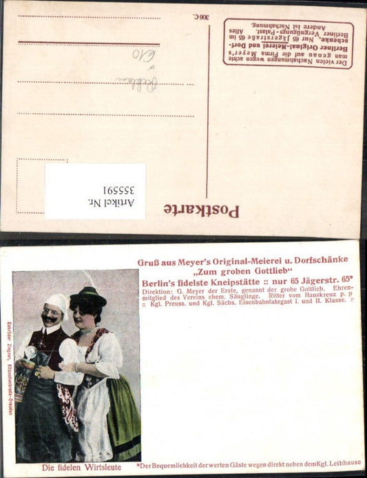 355591,Reklame Meyers Zum groben Gottlieb Original-Meierei u. Dorfschänke Bier Berlin