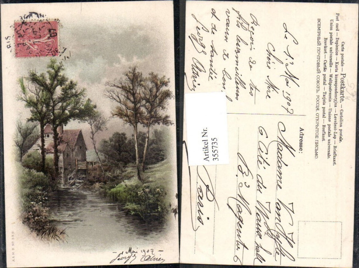 355735,Künstler Ak Wassermühle Mühle Landschaft