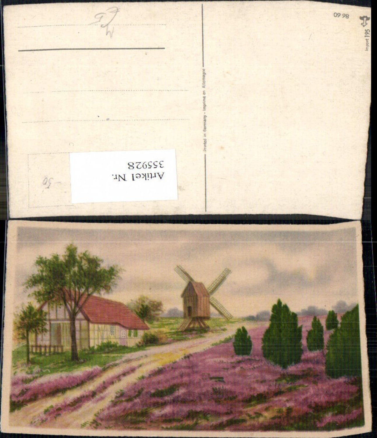 355928,Künstler Ak Windmühle Haus Landschaft Heidelandschaft