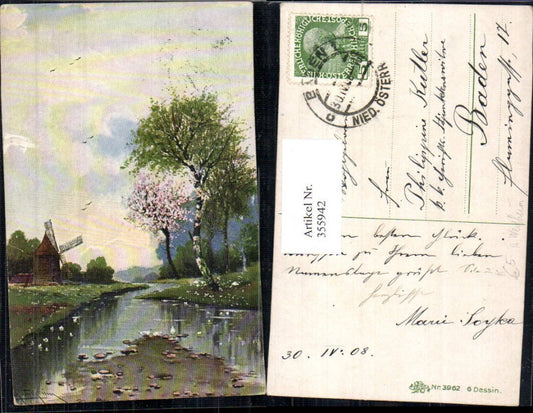 355942,Künstler Ak Heinrich Wertheim Windmühle Birken Bäume Landschaft