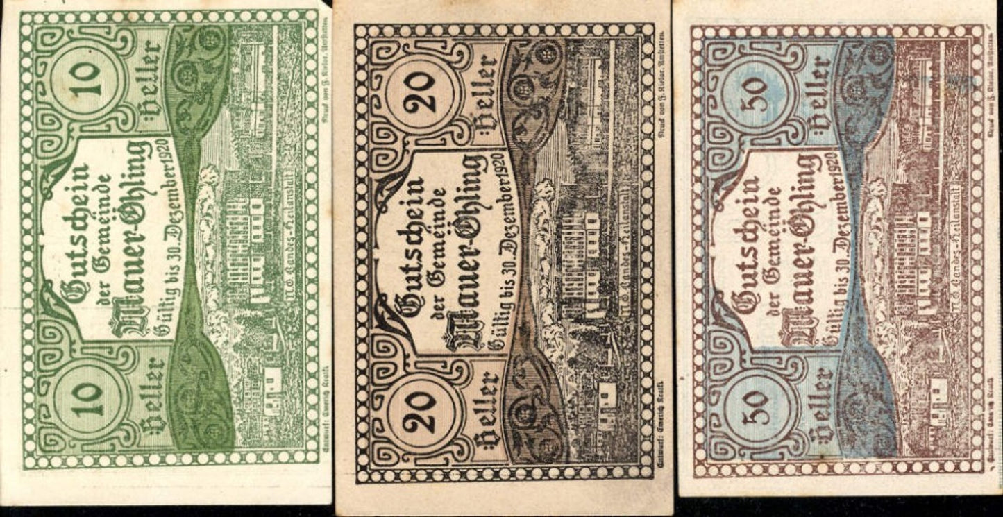 356051,3 Scheine Notgeld Mauer-Öhling Heller 10,20,50