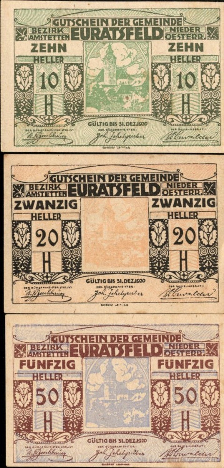 356061,3 Scheine Notgeld Euratsfeld Heller 10,20,50