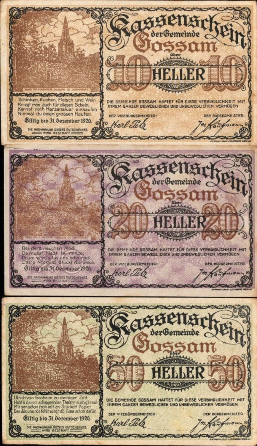 356064,3 Scheine Notgeld Gossam Heller 10,20,50