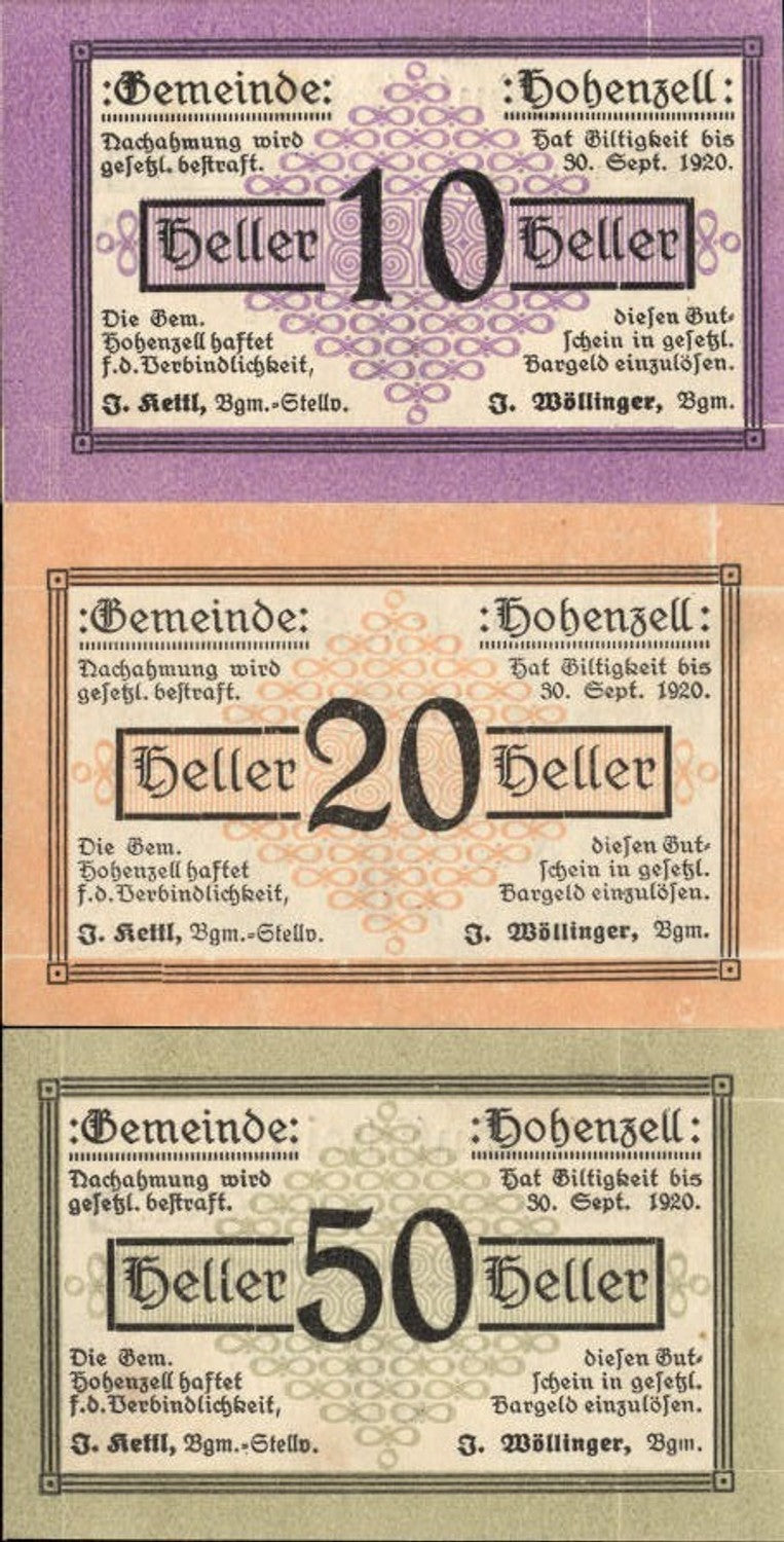 356065,3 Scheine Notgeld Hohenzell Heller 10,20,50