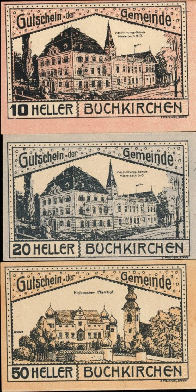 356067,3 Scheine Notgeld Buchkirchen Heller 10,20,50