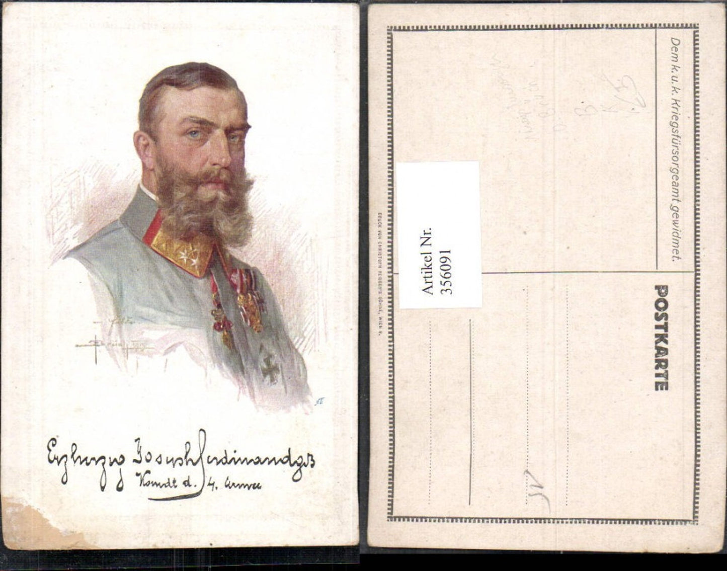 356091,Künstler Ak O. Brüch Erzherzog Joseph Ferdinand Komdt. 4 Armee Adel Monarchie pub Kriegsfürsorge
