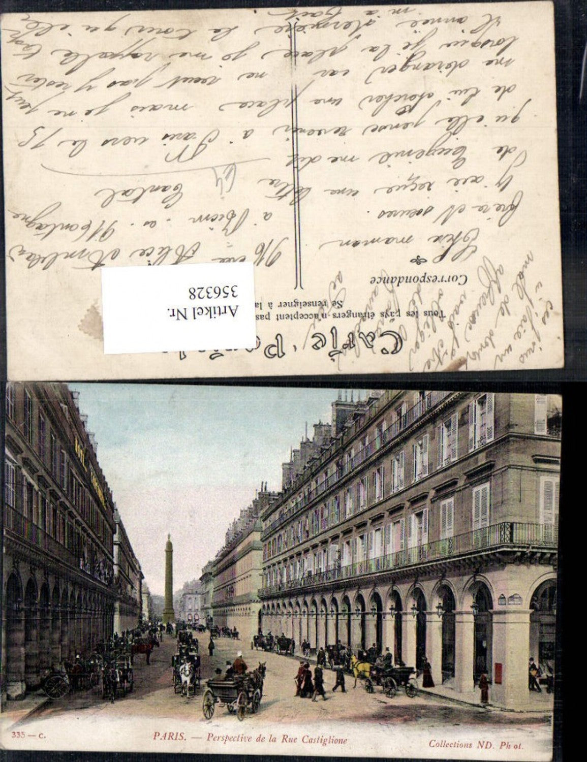356328,Ile-de-France Paris Perspective de la Rue Castiglione Straßenansicht Kutsche Säule