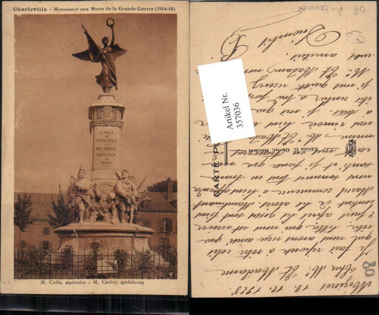 357036,Champagne-Ardenne Ardennes Charleville Monument aux Morts de la Grande Guerre
