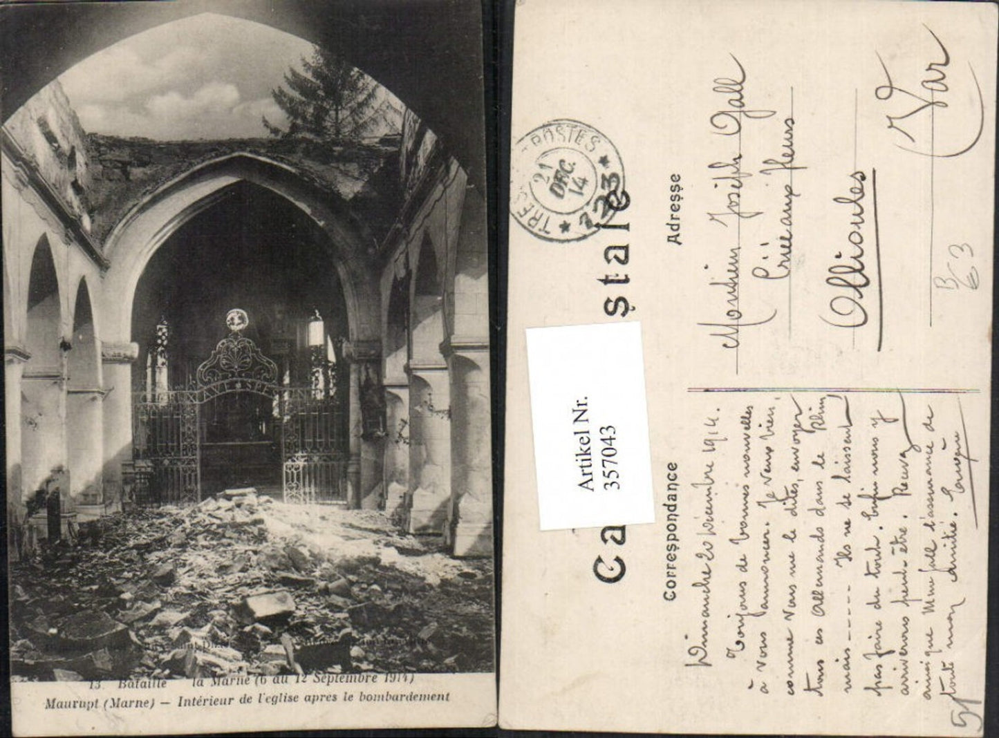 357043,Champagne-Ardenne Marne Maurupt Interieur de Eglise apres le bombardement Zerstörung