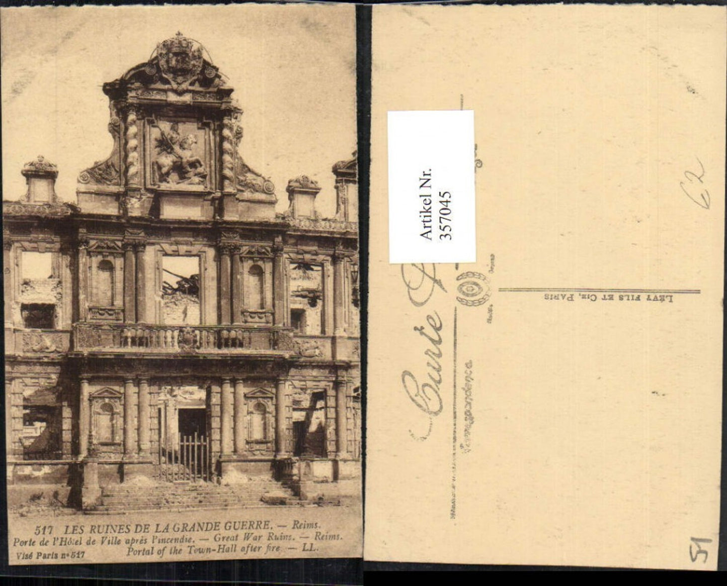 357045,Champagne-Ardenne Marne Reims Porte de Hotel de Ville Runes de Grande Guerre