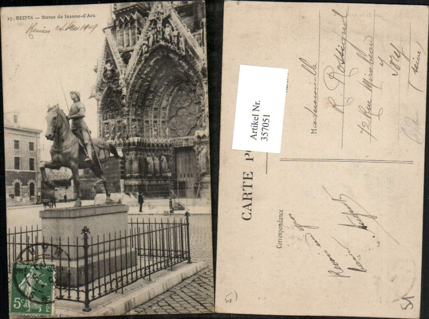 357051,Champagne-Ardenne Marne Reims Staute de Jeanne d'Arc Denkmal Kirche