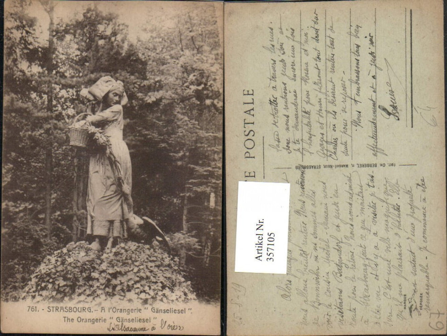 357105,Elsass Bas-Rhin Strasbourg Straßburg A l'Orangerie Gänseliesel Statue