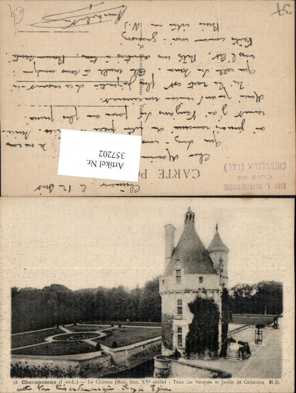 357202,Centre Indre-et-Loire Chenonceaux Le Chateau Tour des Marques et Jardin Catherine Turm