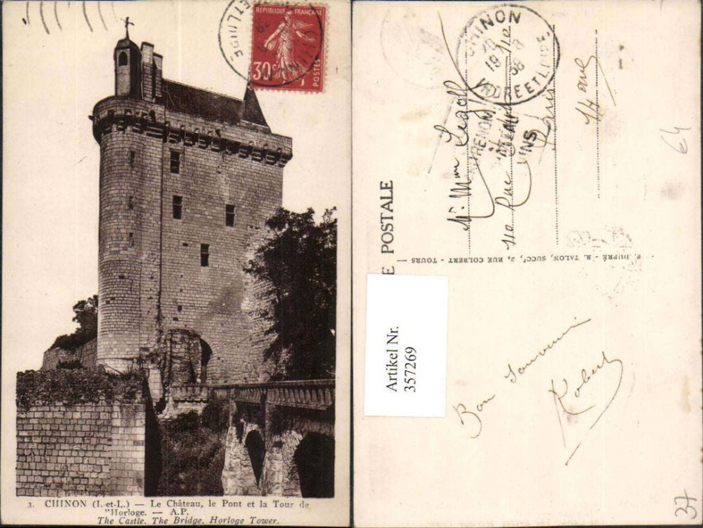 357269,Centre Indre-et-Loire Chinon Le Chateau le Pont et la Tour de l'Horloge Turm