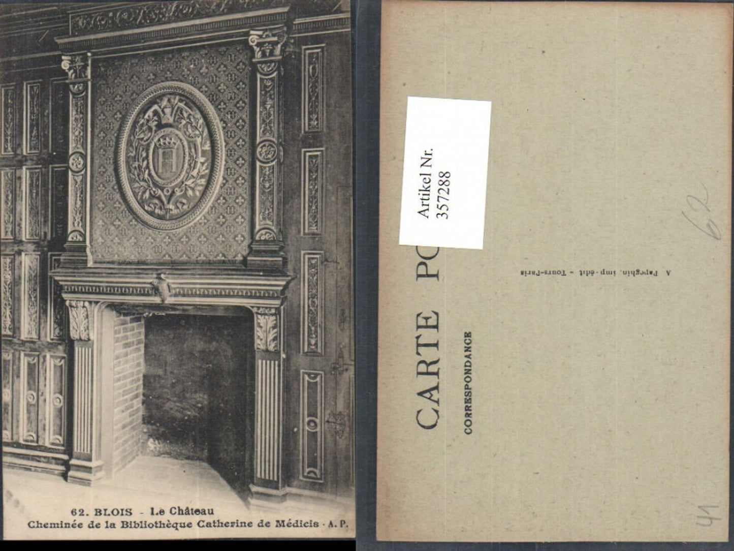 357288,Centre Loire-et-Cher Blois Le Chateau Cheminee de la Bibliotheque Catherine Kamin