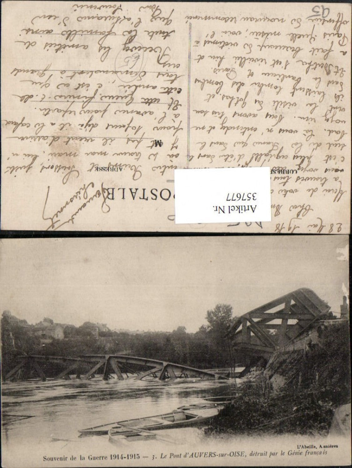 357677,Ile-de-France Val-Oise Le Pont d'Auvers-sur-Oise detruit par le Genie francais Zerstörte Brücke