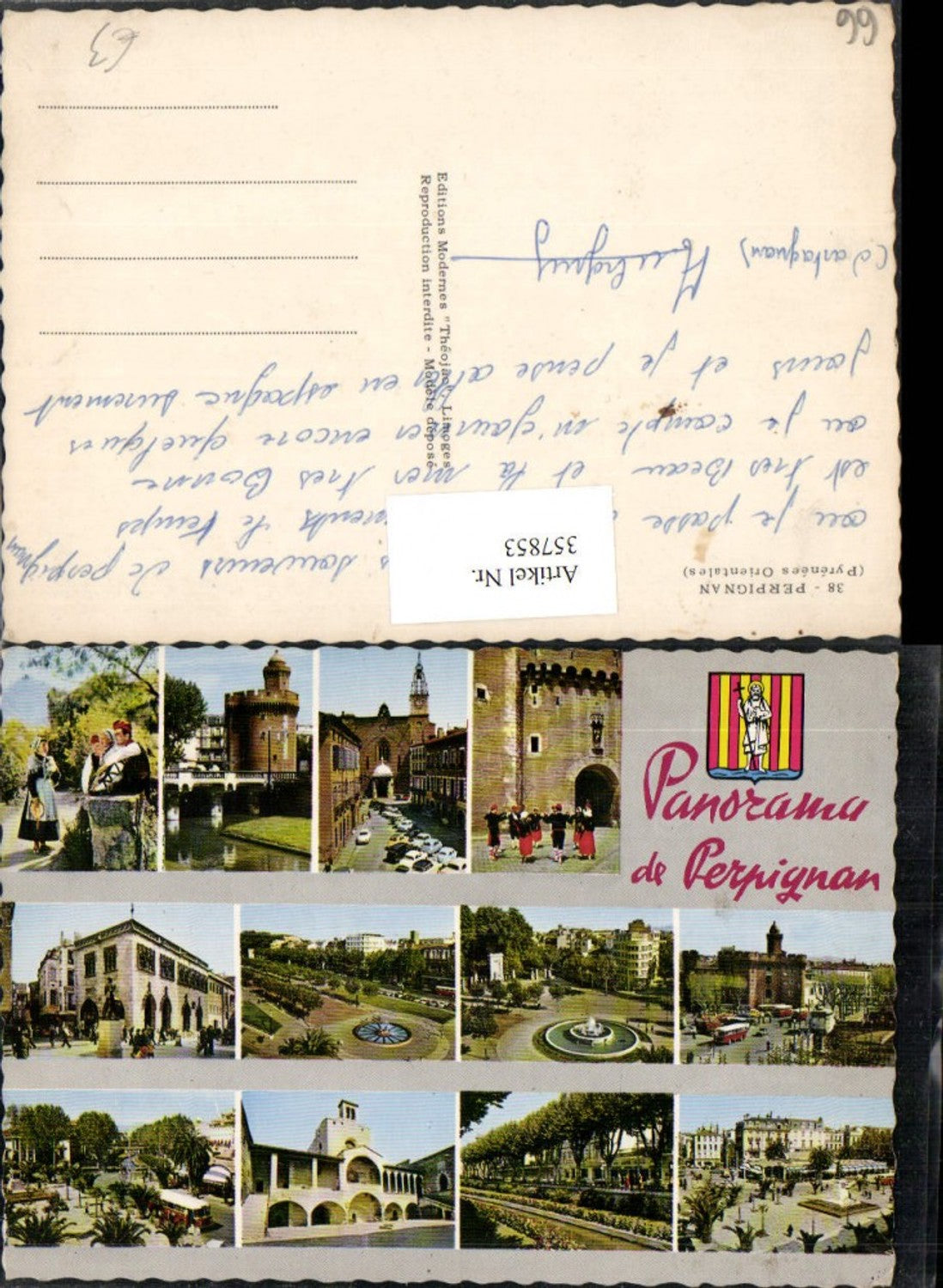 357853,Languedoc-Roussillon Pyrenees-Orientales Perpignan Kirche Brunnen Turm Tracht Mehrbildkarte