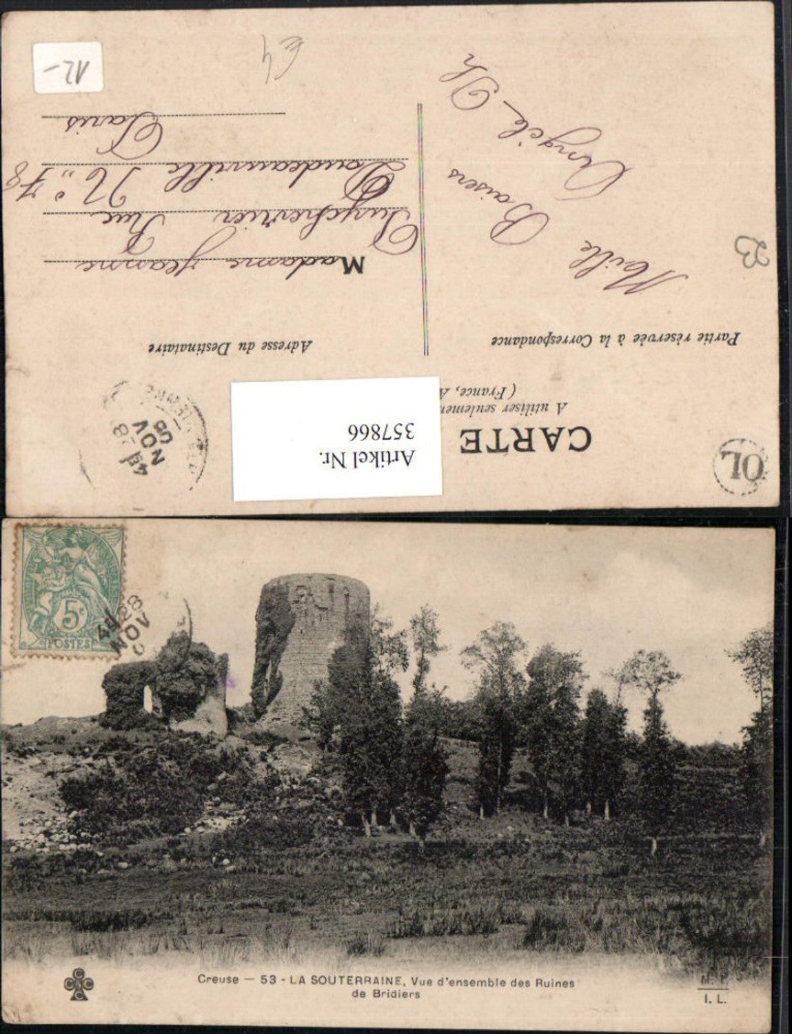 357866,Limousin Creuse La Souterraine Ruines de Bridiers Turm