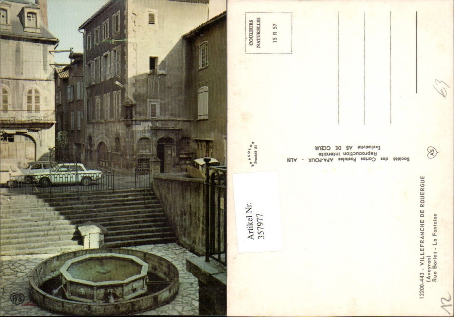 357977,Midi-Pyrenees Aveyron Villefranche de Rouergue Rue Bories Fontaine Brunnen