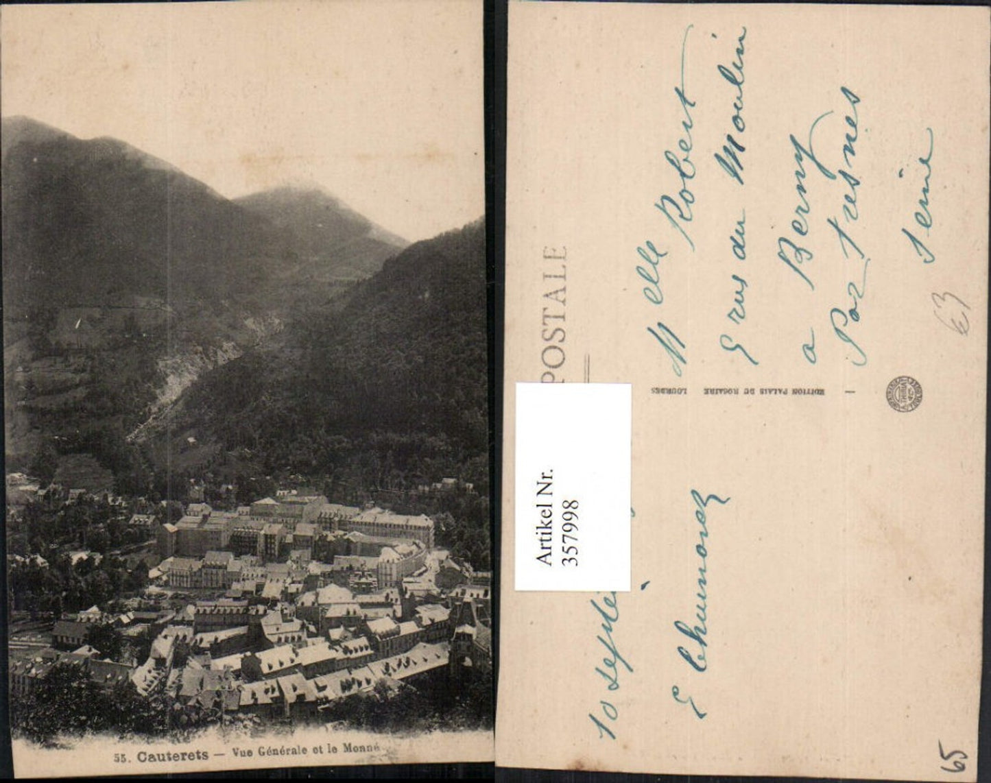 357998,Midi-Pyrenees Hautes-Pyrenees Cauterets Vue Generale et le Monne Total mountain backdrop