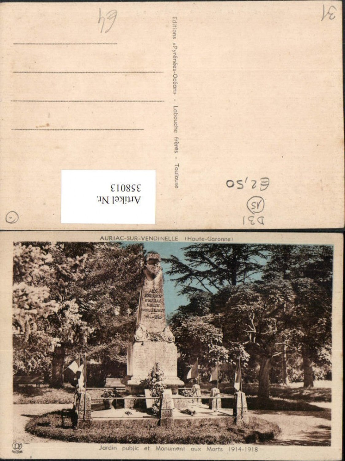 358013,Midi-Pyrenees Haute-Garonne Auriac-sur-Vendinelle Jardin public et Monument aux Morts