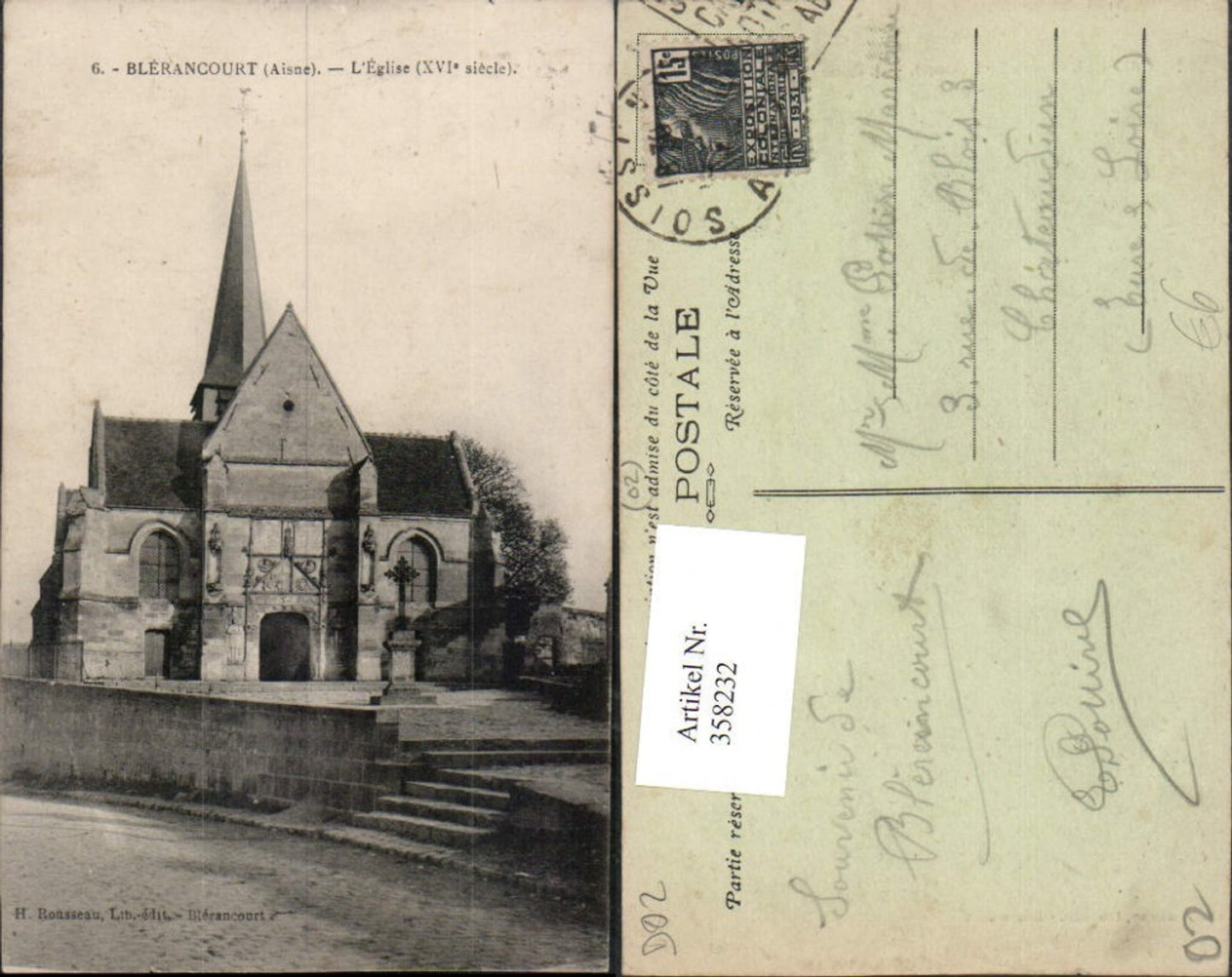 358232,Picardie Aisne Blerancourt L'Eglise Kirche