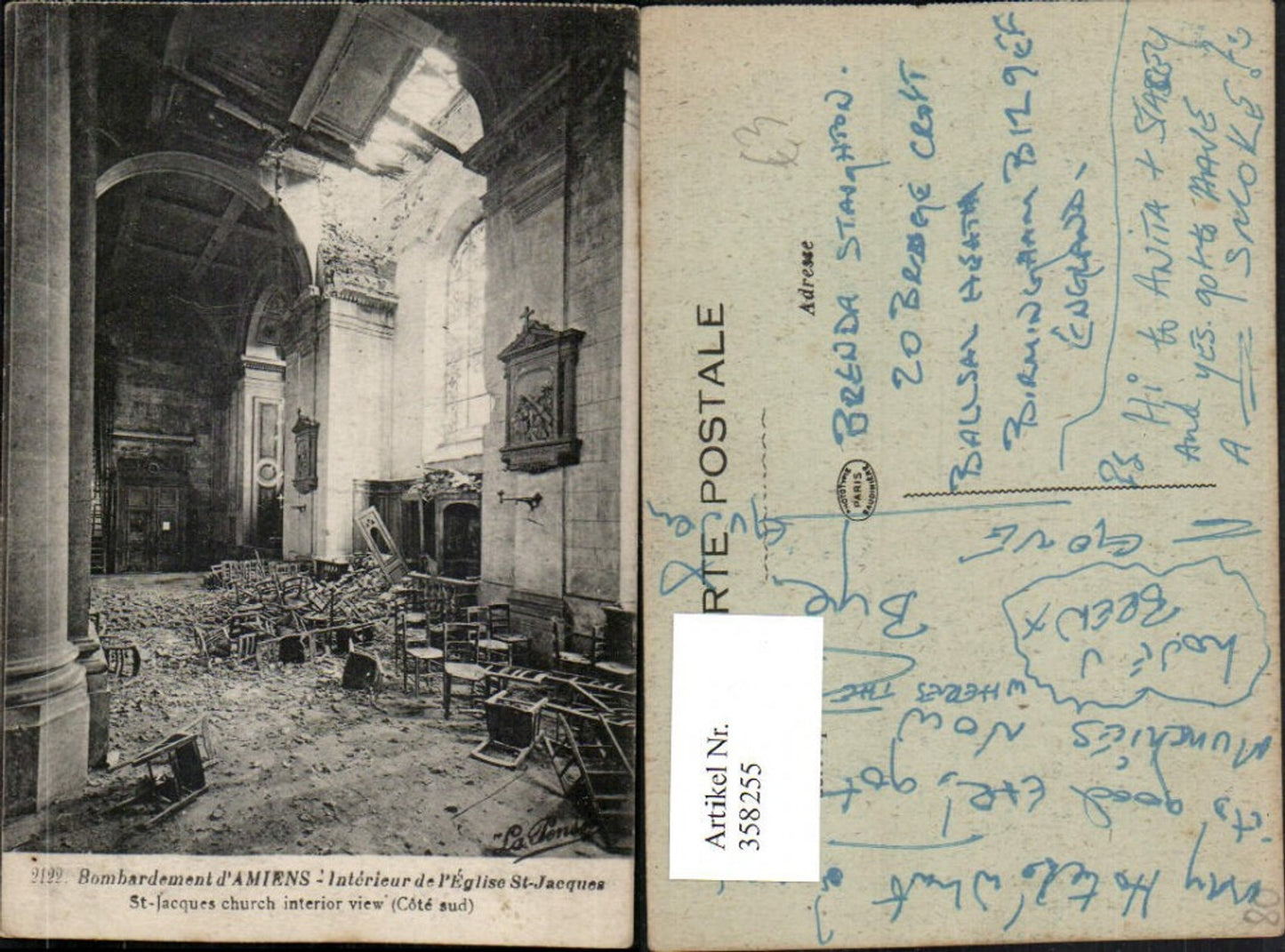 358255,Picardie Somme Amiens Bombardement Interieur Eglise St-Jacques Zerstörung