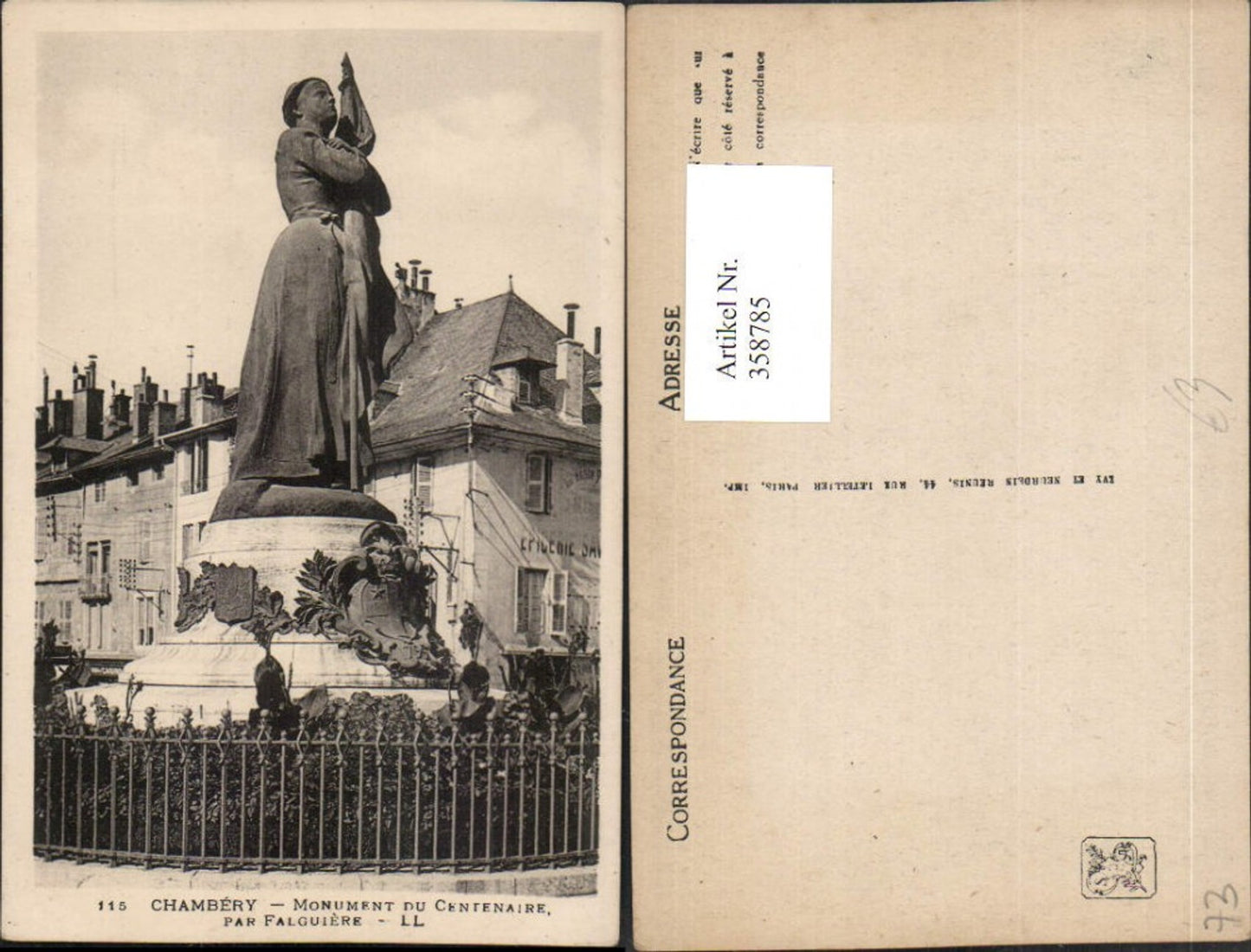 358785,Rhone-Alpes Savoie Chambery Monument du Centenaire par Falguiere Statue