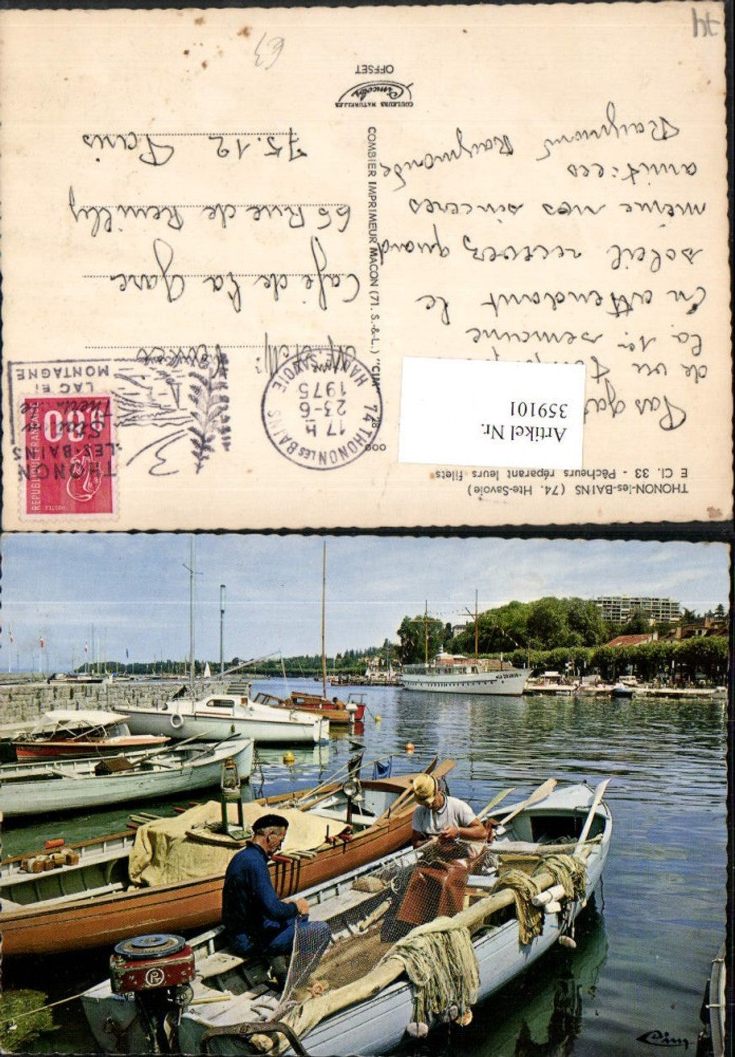 359101,Rhone-Alpes Haute-Savoie Thonon-les-Bains Pecheurs reparant leurs filets Fischernetz Boote