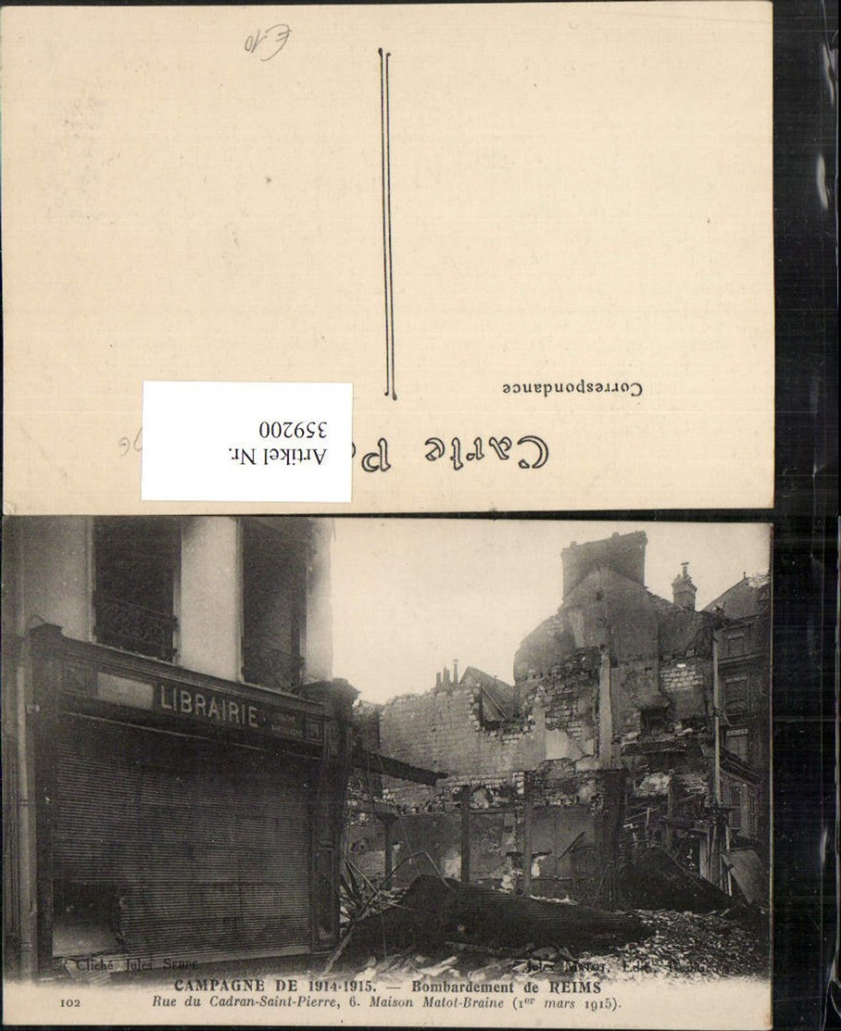 359200,Champagne-Ardenne Marne Bombardement de Reims Rue Cadran-Saint-Pierre Librairie