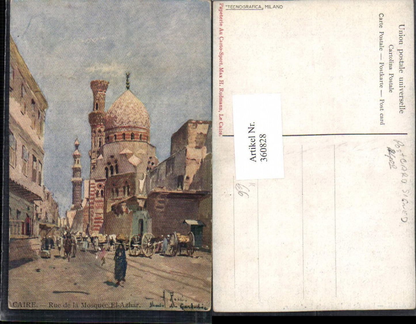 360828,Künstler AK A. Rossi Africa Egypt Caire Kairo Rue de la Mosque El-Azahr Moschee