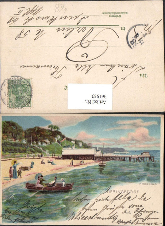 361953,Litho Heringsdorf Herrenbad Strand Strandleben Ruderboot