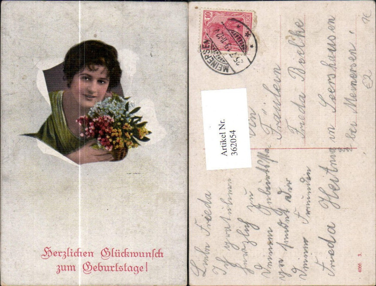 362054,Frau schaut durch zerrissenes Papier Blumentopf Geburtstag
