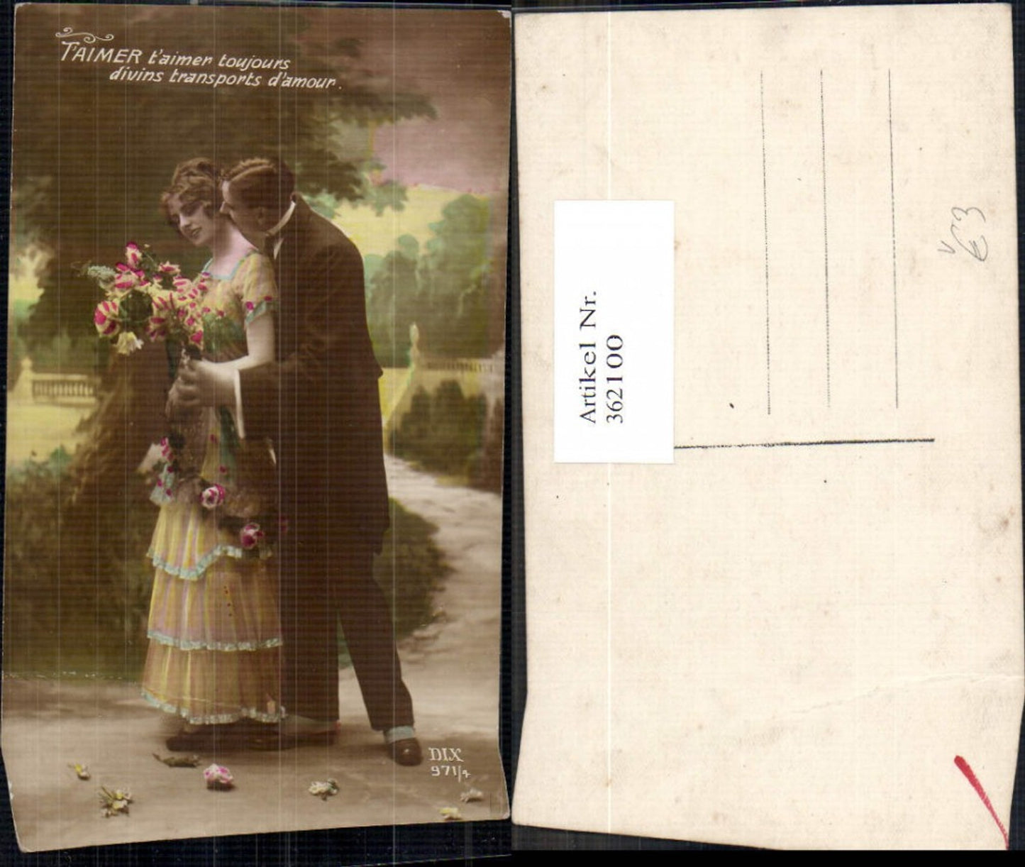 362100,Liebe Paar Kuss a. Hals Blumenstrauß Blumen Spruch Text pub DIX 971/4