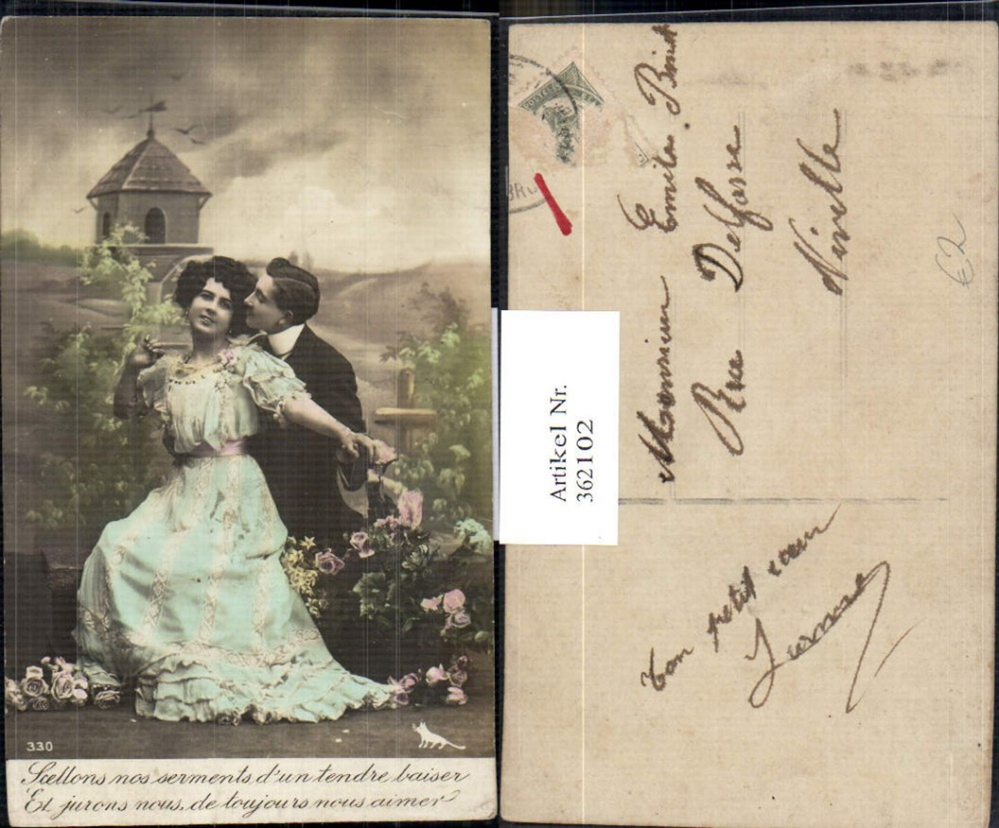 362102,Liebe Paar Umarmung Kuss a. Wange Vogelhaus Blumen Rosen Spruch Text