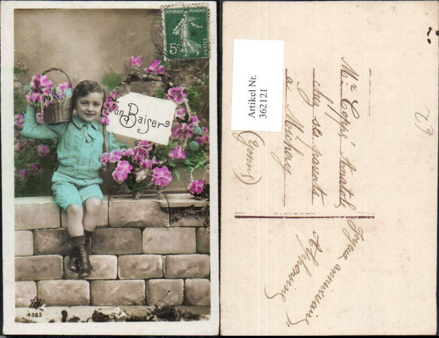 362121, Child boy sitting by wall, basket of flowers, roses
