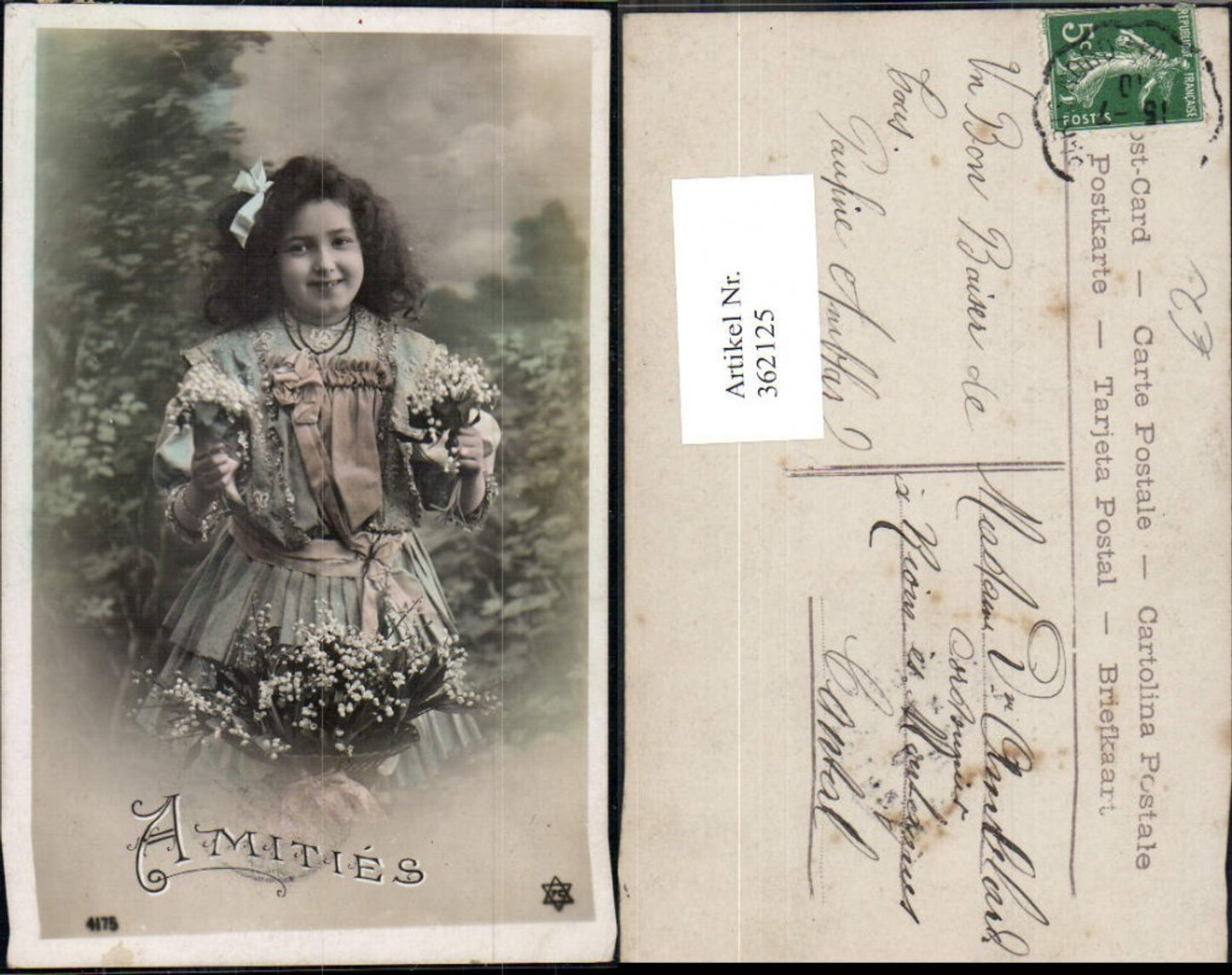 362125,Kind Mädchen Haarschleife Korb Blumen Strauß Maiglöckchen Amities