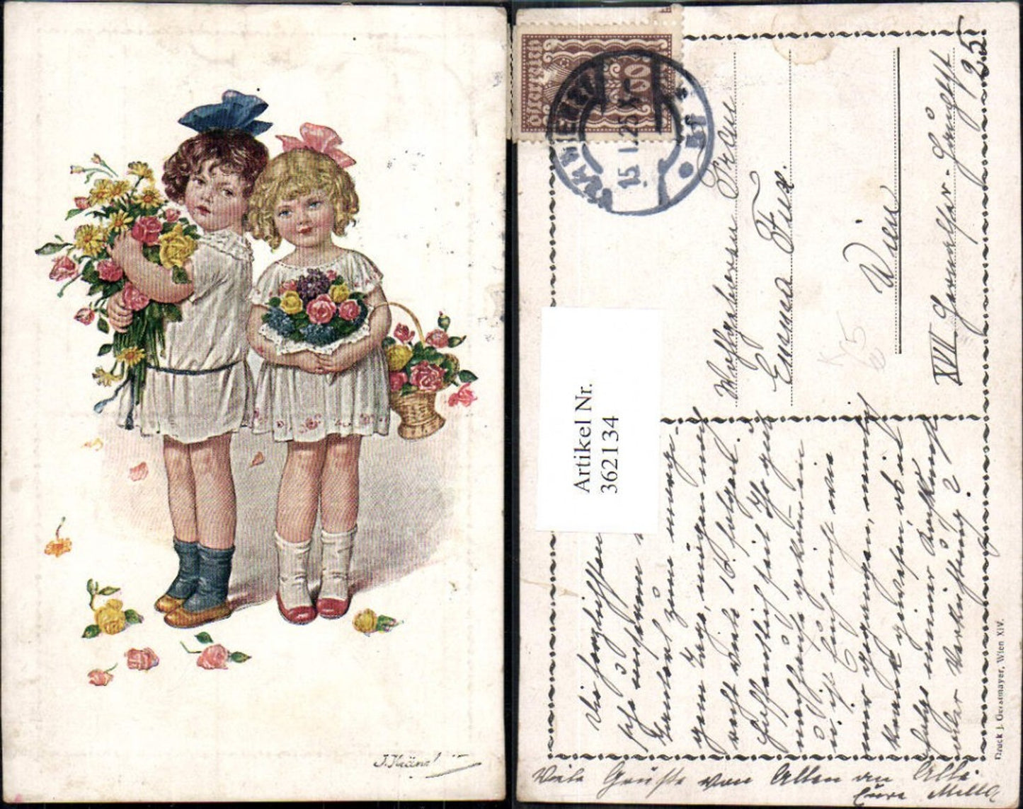 362134,Künstler Ak J. Kränzle Kind Kinder Mädchen m. Haarschleifen Korb Blumen Rosen