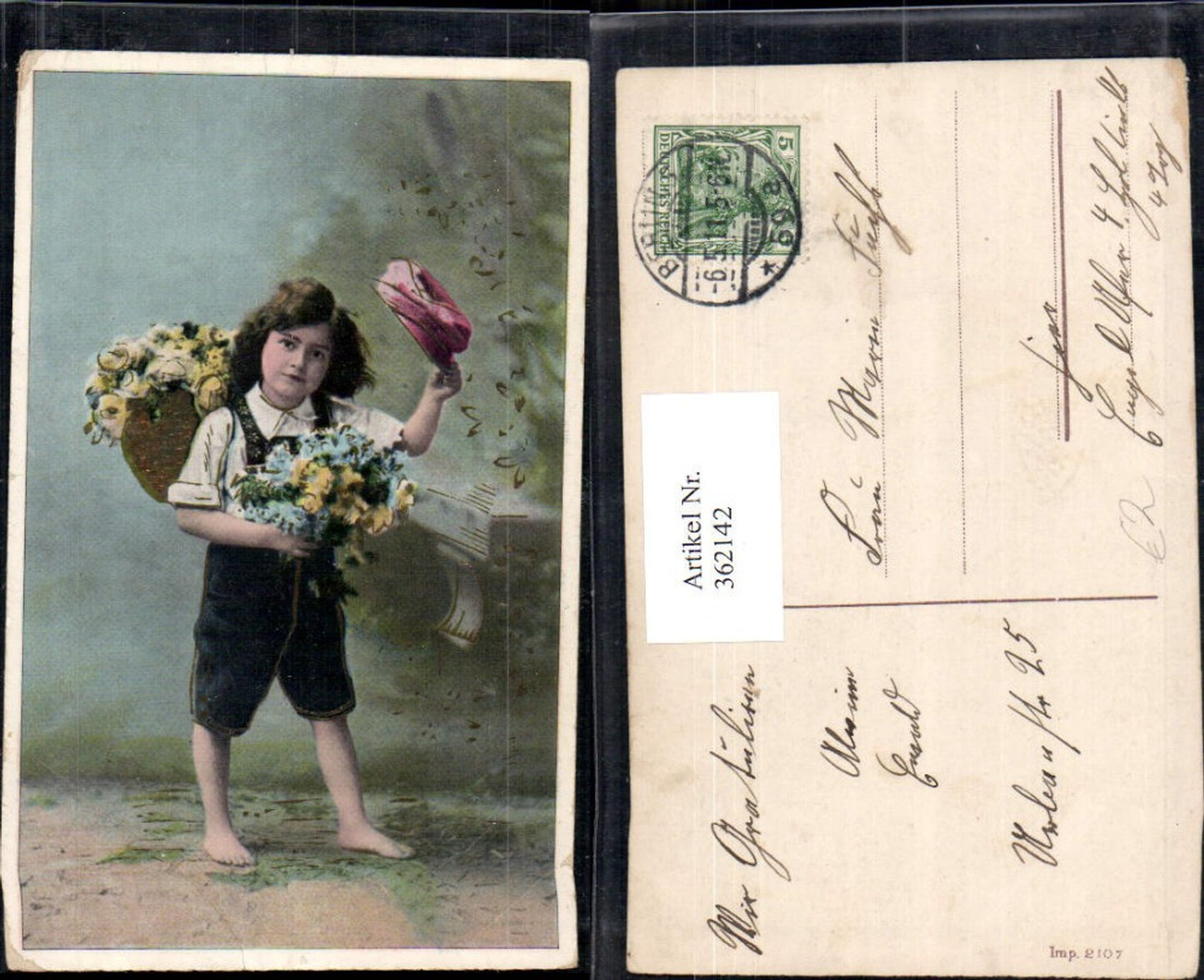 362142, Child, boy, in lederhosen, traditional costume, basket with roses, flowers, hat, gold trim