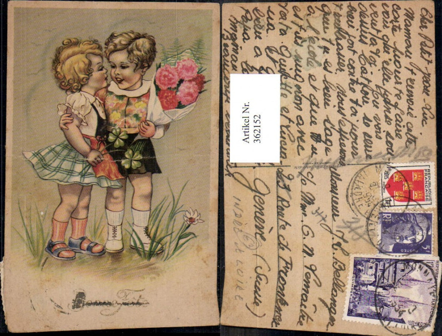 362152,Künstler Ak Kind Kinder Umarmung Blumenstrauß Blumen Bonne Fete
