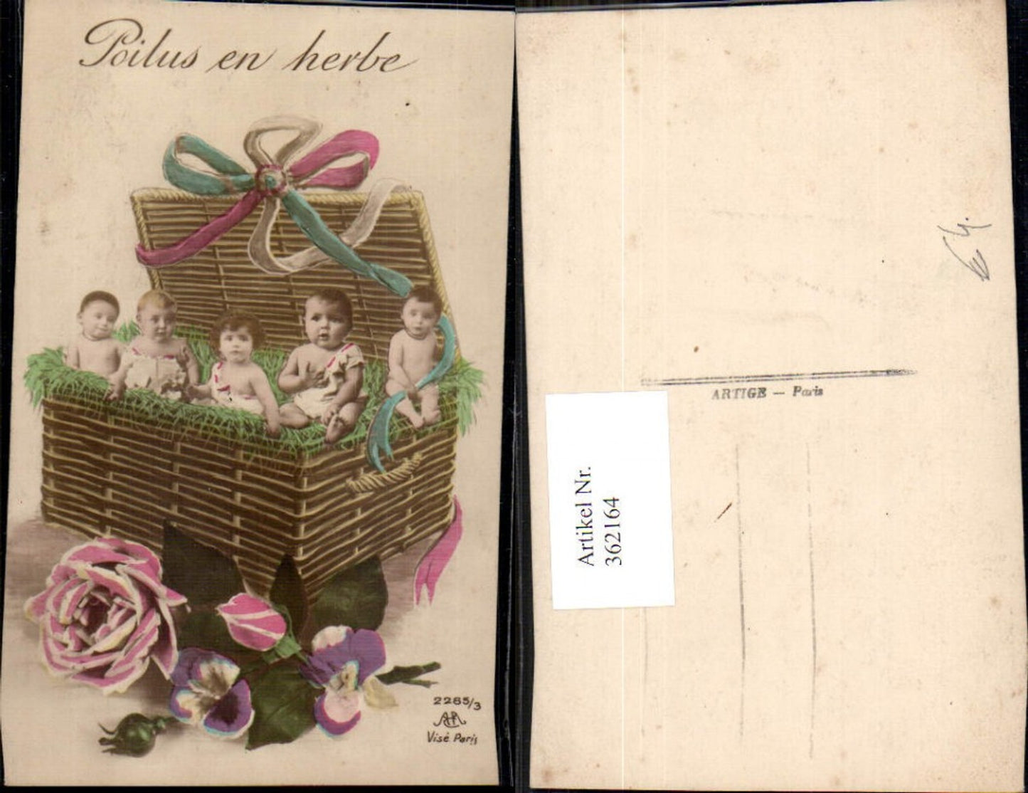 362164, Photomontage of toddlers, children in a basket, rattan chest, bow, roses, flower, shag vine