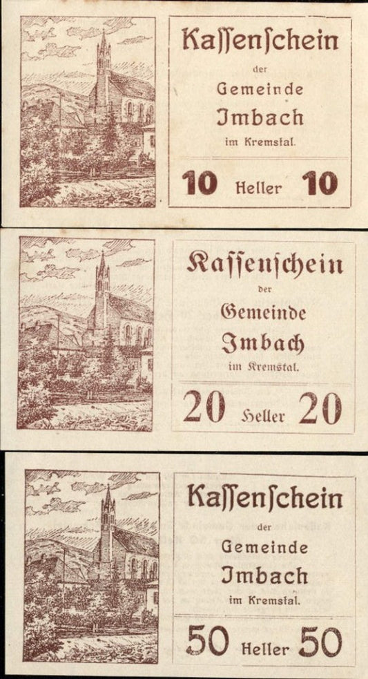 362434,3 Scheine Notgeld Imbach i. Kremstal Heller 10,20,50