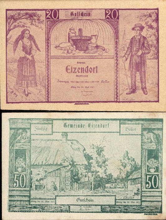 362442,2 Scheine Notgeld Eizendorf Heller 20,50