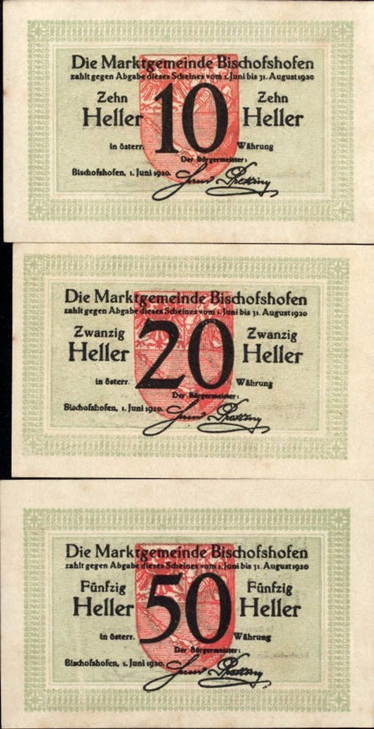 362452,3 Scheine Notgeld Bischofshofen Heller 10,20,50