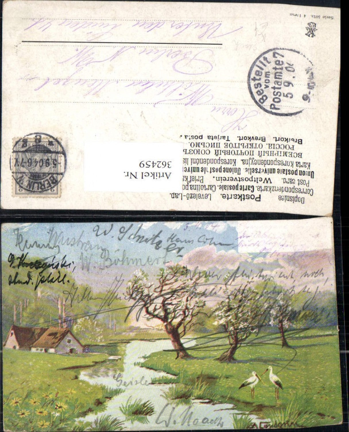 362459,Künstler Ak Storch Störche Fluss Haus Landschaft