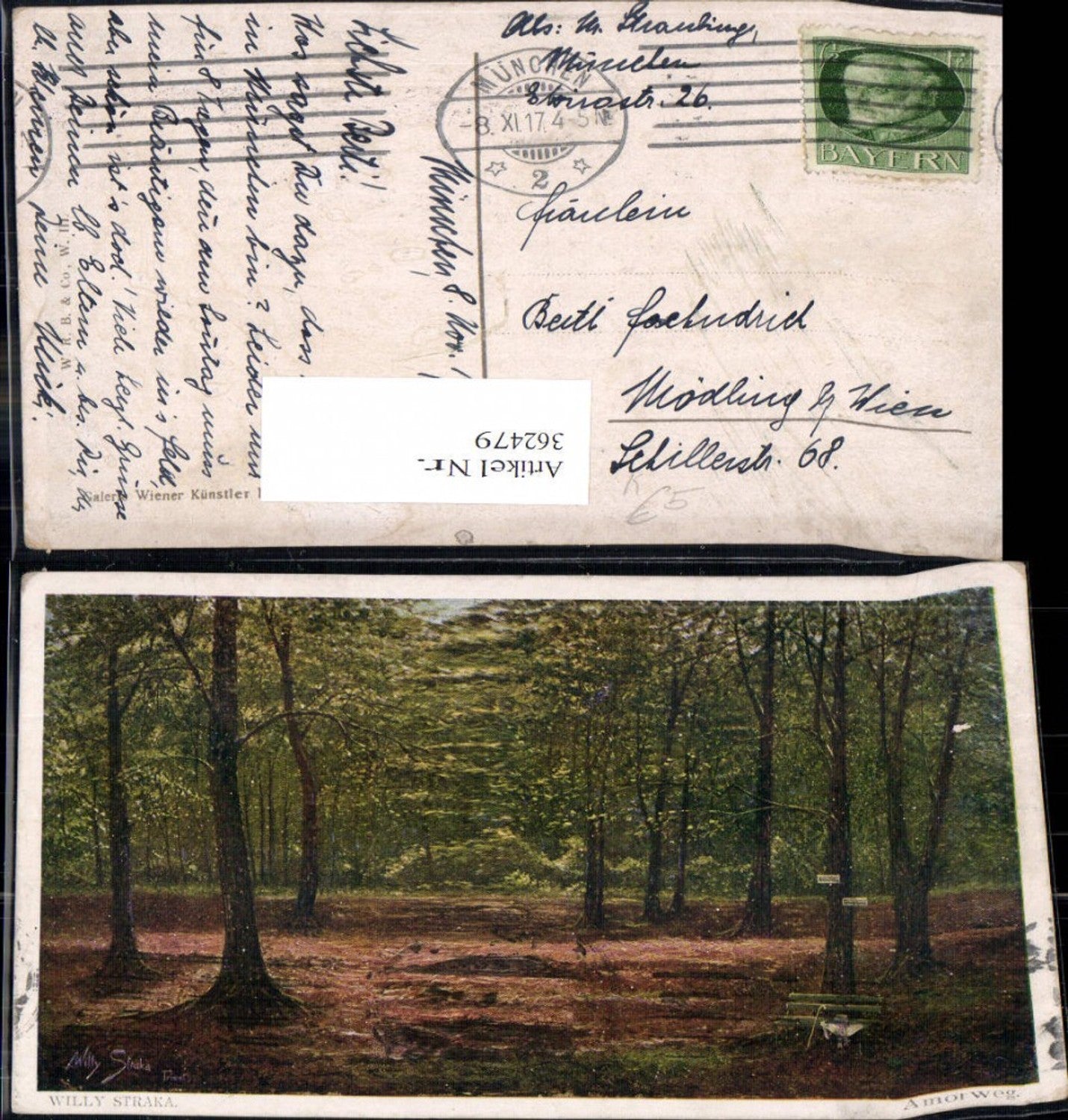 362479,Künstler Ak Willy Straka Amorweg Bank i. Wald Landschaft