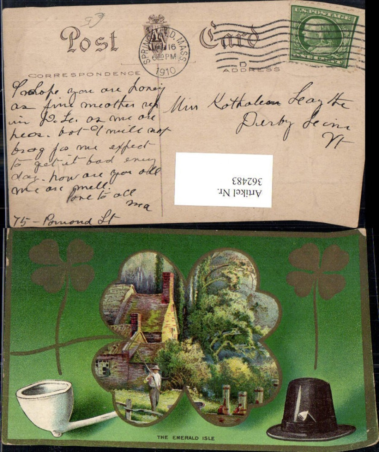 362483,Präge Künstler Ak The Emerald Isle Irland Klee Kleeblatt Hut Pfeife