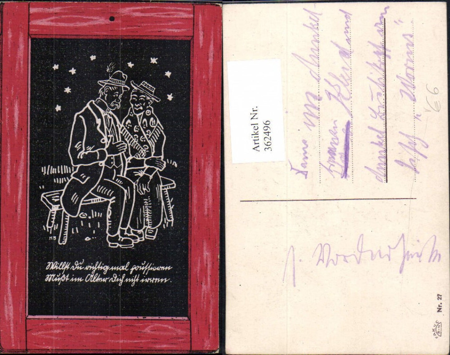 362496,Künstler Ak Schreibtafeloptik Altes Paar i. Tracht a. Bank Spruch Text pub Fakuc 27