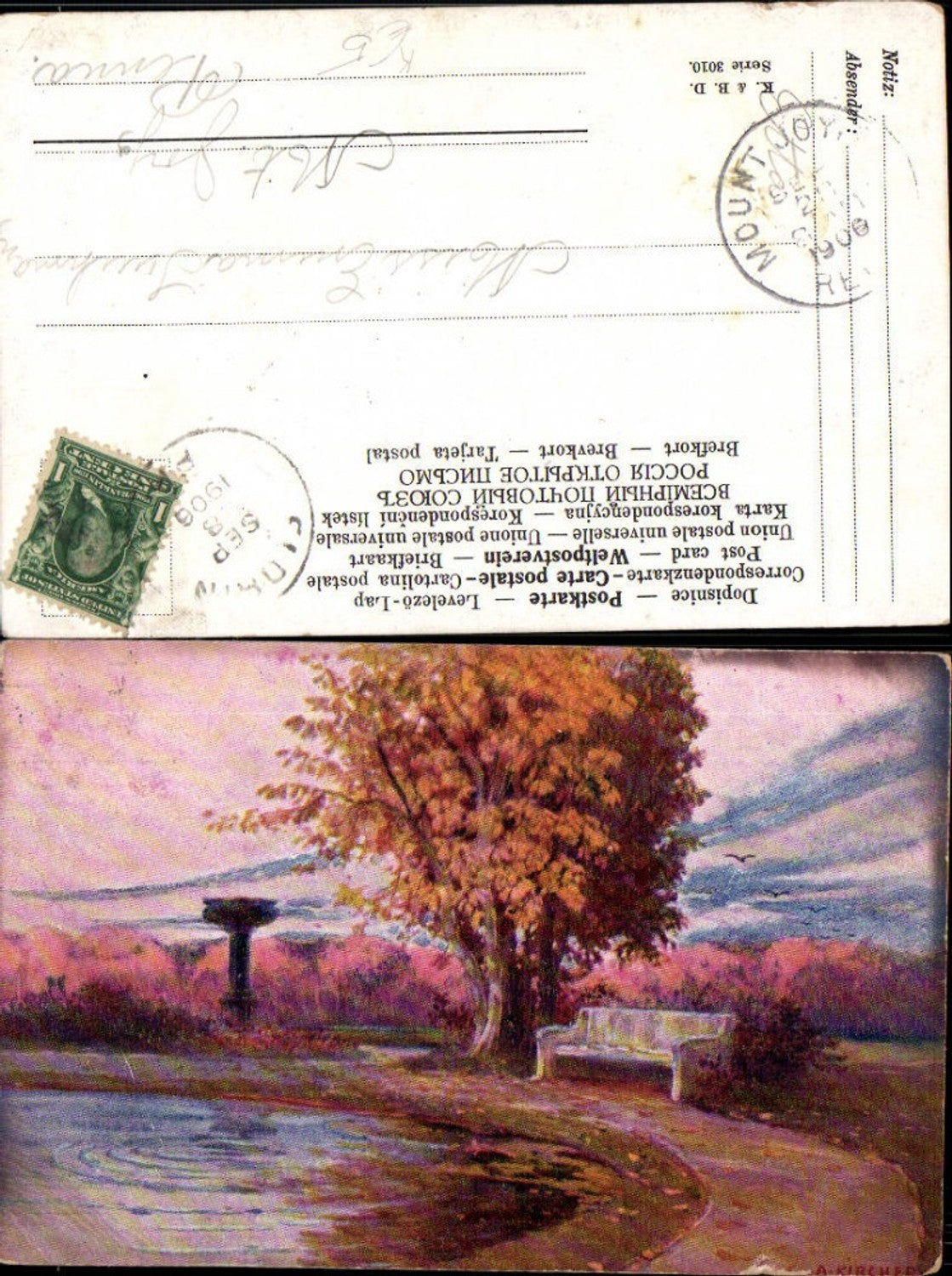 362560,Künstler Ak A. Kircher Bank Teich Brunnen Landschaft Herbststimmung